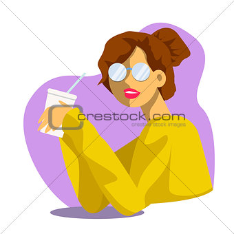 Vector creative cartoon illustration. Cute young woman drinks soda or molkshake at the office. Girl in glasses.