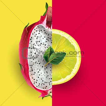 Dragon fruit and lemon. Vector illustration