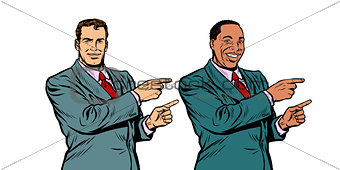 white and black businessman pointing finger sideways