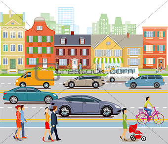 City with car traffic and pedestrians, illustration