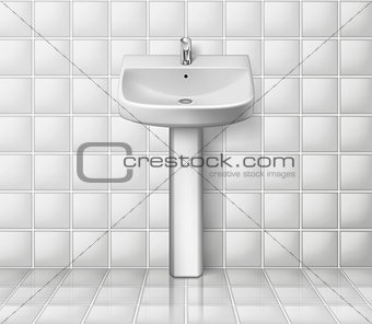 Bathroom interior with white sink. Realistic washbowl. Bathroom sink mockup isolated. Vector illustration
