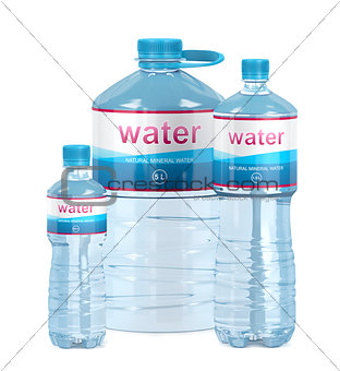 Different water bottles on white background