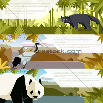 Set of flat banners with asian animals