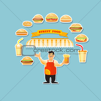 Fast food card with young  cook seller and hamburgers.