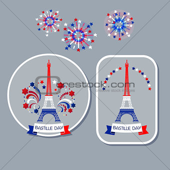 Bastille day badges. Eiffel tower and fireworks.