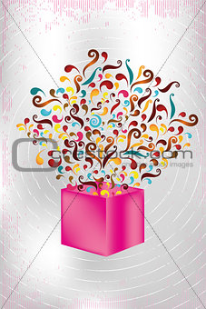 Magical pink gift box with colorful swirls