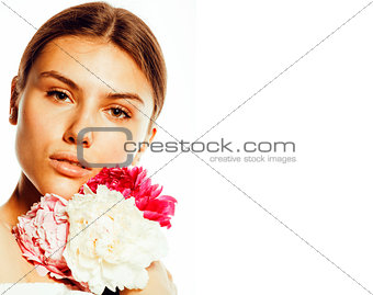 young beauty woman with flower peony pink closeup makeup soft te
