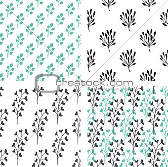 Seamless patterns with green and black florals