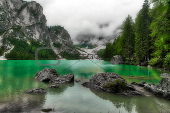 Lake of Braies in cloudy day