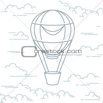 Romantic hot air balloon in clouds - airship in line art style