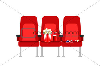 Cinema seats in a movie with popcorn, drinks and glasses. Flat cartoon Cinema seats illustration. Movie cinema premiere poster concept design. Show time.