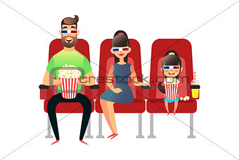 Happy family watching movie in the cinema. Mom, Dad and daughter in 3d glasses. A man, a woman and a girl sit on the seats and watch the premiere with popcorn and drinks. Group of people watch.