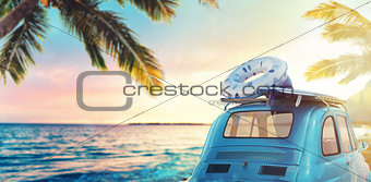 Start summertime vacation with an old car on the beach. 3D Rendering