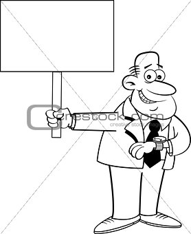 Cartoon Man Looking at His Watch and Holding a Sign
