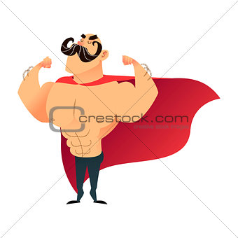 Strong cartoon funny superhero. Power super hero man with cape. Flat athlete character. Muscular brutal athletic guy with mustache. Strongman proudly shows his muscles in strong arms.