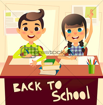 Pupils during classroom at the elementary school. Schoolgirl raising her hand. Schoolboy writes in notebook. Children at the desk at the lesson. Back to school concept flat illustration.