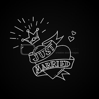 Old school tattoo heart with crown and ribbon with inscription Just Married. Vintage rebel wedding design. Vector illustration.