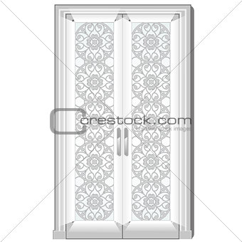 Entrance door with exquisite ornamentation on the glass. Vector illustration.