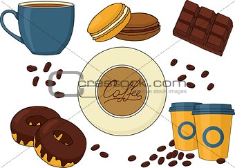 set of chocolate desserts and coffee drinks.