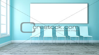 3D blank canvas in an room with line of chairs