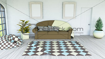 3D modern lounge interior with blank picture frame on the wall