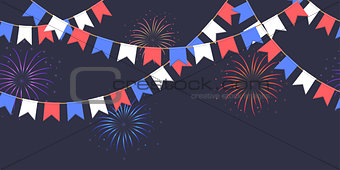 Seamless garland with celebration flags chain, white, blue, red pennons and salute on dark background, footer and banner fireworks