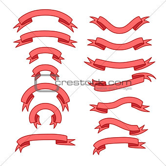 Set of bright pink different ribbons with gradient, red tape banner collection, vector illustration
