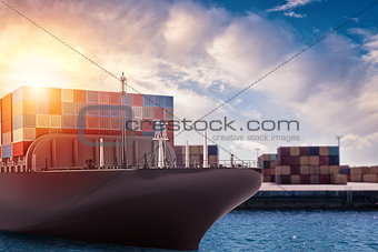 Cargo ship at the port ready to travel with packages. 3d rendering