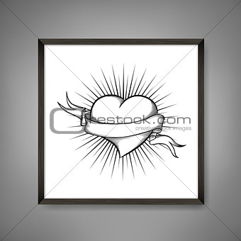 Framed poster with heart on grey wall. Square