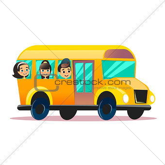 Flat vector school bus. School kids riding a schoolbus. Back to school vector flat concept. Happy schoolchildren are watching from windows