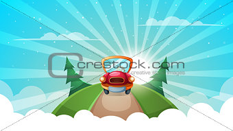 Summer cartoon landscape. Car, road illustration.