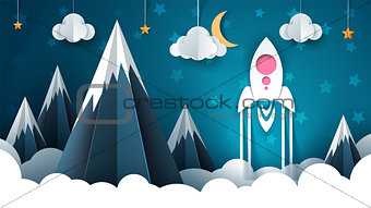 Cartoon rocket illustration. Paper mountain landscape.