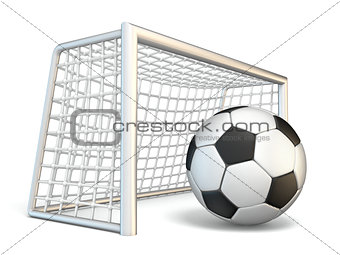 Soccer ball and soccer gate side view 3D