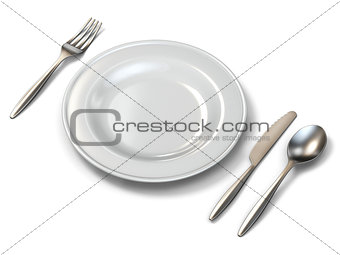 Plate, fork, knife and spoon side view 3D