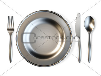 Metal plate, fork, knife and spoon 3D