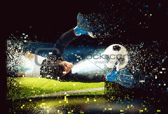 Pixelated image of a goalkeeper who try to catch the ball