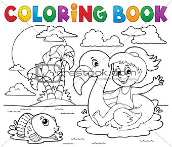 Coloring book girl on flamingo float 2