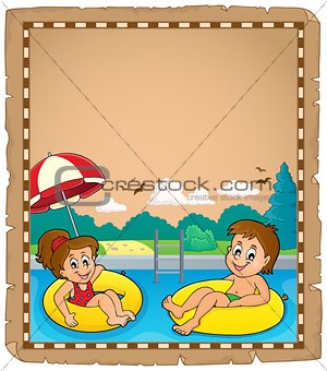 Parchment with children in swim rings
