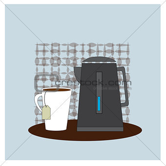 Coffee time. Illusration with cup of coffee and teapot. Vector poster concept.