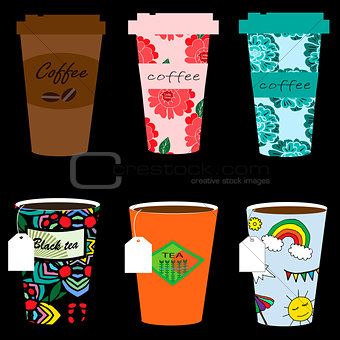 Paper coffee cup set on a black background.