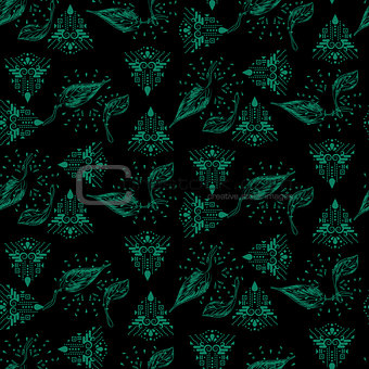 Dark green and black ethnic and foliage seamless vector pattern.