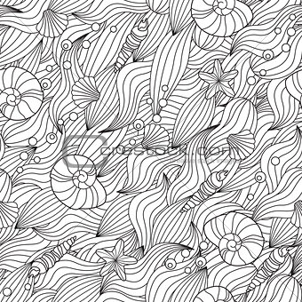 Serene hand drawn outline seamless pattern with sea waves, seashells isolated on white background.
