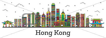 Outline Hong Kong China City Skyline with Color Buildings Isolat