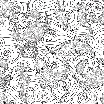 Serene hand drawn outline seamless pattern with waves, sea animals - dolphin, seahorse, crab, octopus isolated on white background. Coloring book for adult and older children.