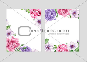 Floral blank template set. Flowers in watercolor style isolated on white background for web banners, polygraphy, wedding invitation, border.