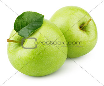 Green apples with leaf isolated on white