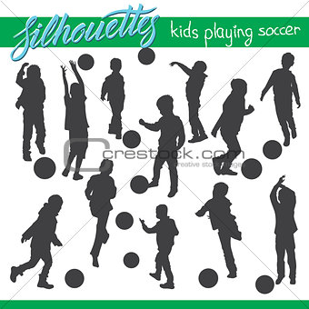 Kids playing soccer football vector silhouettes
