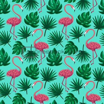 Flamingos Tropical Leaf Seamless Pattern