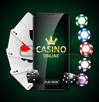 Online Internet casino marketing banner. phone app with dice, poker chips and playing cards. Playing Web poker and gambling casino games. Vector illustration