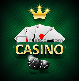 Casino marketing banner with dice and poker cards on green background. Playing jackpot and gambling casino games design. Vector illustration
